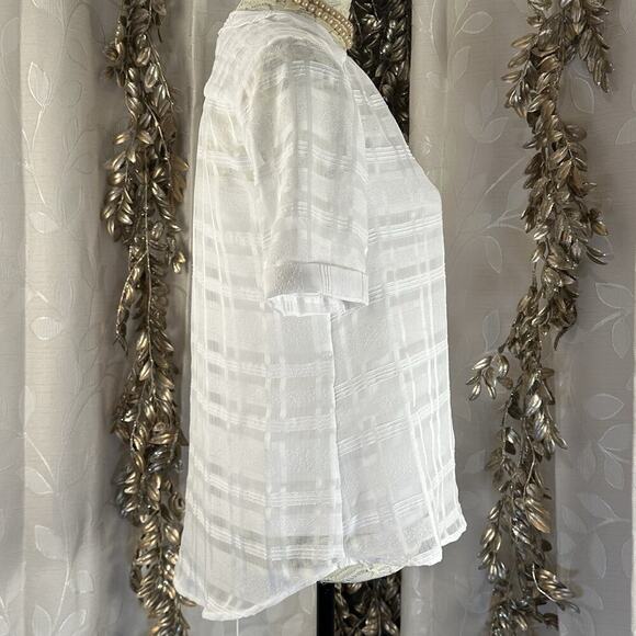 Alfani Petite Sheer White Blouse PS | V-Neck Check Texture Lightweight - Picture 4 of 11
